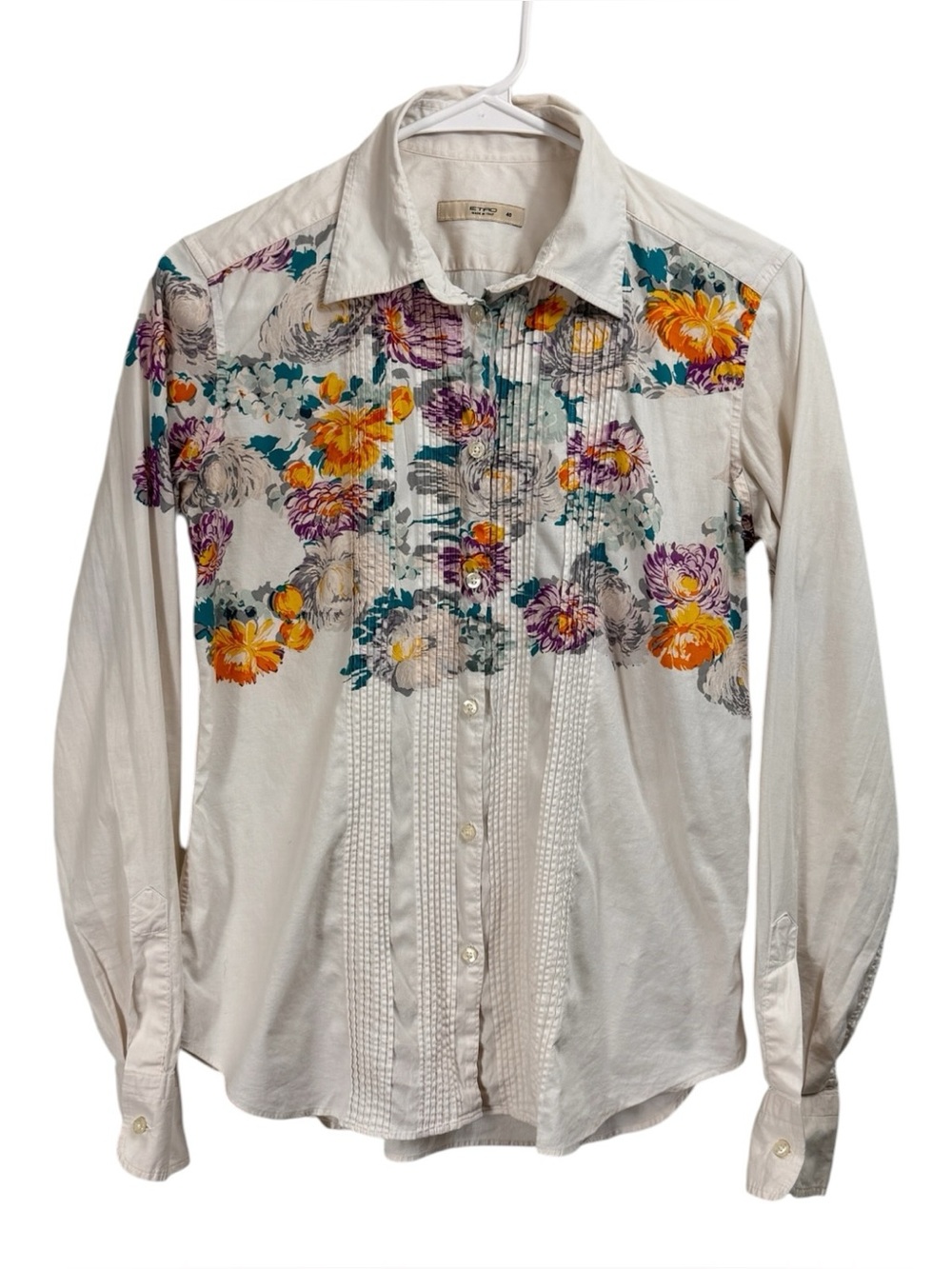 Etro Size 40 XS/S White Floral Pintuck Button Front Long Sleeve Top Italy Made